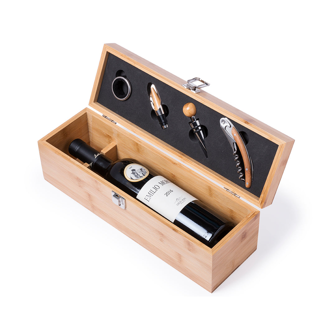 Wijn Set - Bamboe kist met 4 accessoires - Excl fles